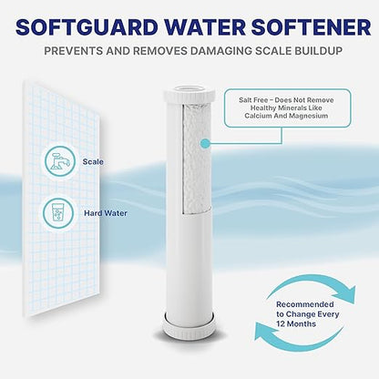 NU Aqua 4 Stage Main Line Salt Free Water Softener Whole House Water Filter System (20” x 4.5”) | Reduce Heavy Metals, Chlorine, Odors | Sediment, Water Softner, Heavy Metal KFD GAC, Carbon Block