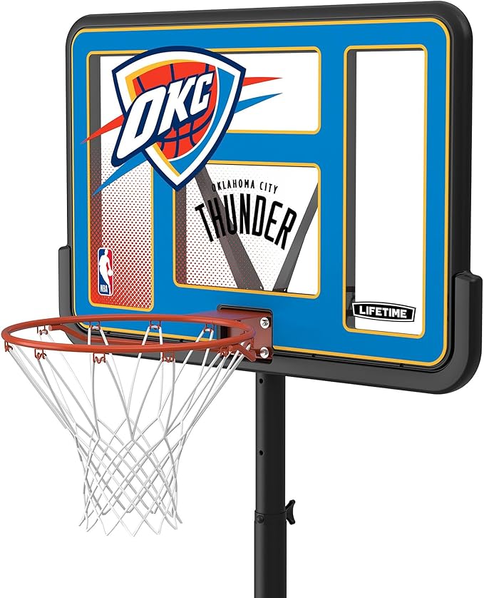Lifetime NBA Oklahoma City Thunder Portable Basketball Hoop, Adjustable Height 7.5-10 Ft, 44 Inch Shatterproof Fusion Backboard, Base with Wheels