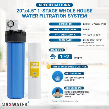 Max Water Whole House Water Filter Housing, 20" x 4.5" Sediment Carbon Cartridge Universal Housing, Pre-Filtration System for Well and City Water with 1" NPT Port and Include 1 Sediment Filter