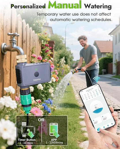 Insoma WiFi Water Timer with Brass Inlet&Outlet, Smart Sprinkler Timer + Auto/Manual/Rain Delay for Garden, Hose Timers with Hub, Up to 20 Watering Plans, APP & Voice Control, Compatible with Alexa