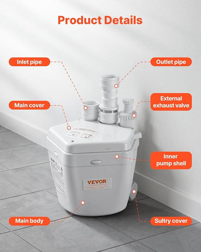 VEVOR Utility Sink Pump, 1 HP, 2200 GPH Under Sink Pump with 3 Water Inlets 1 Outlet, 36 ft Max Lift, Cast Aluminum Motor, Macerating Toilet System, for Sink Shower Wash Bin Urinal Kitchen Basement | for Shower Kitchen Basement, Cast Aluminum Motor, 1....