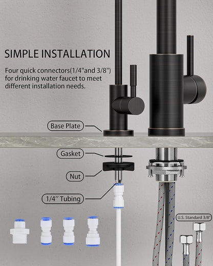 Kitchen Faucet and Water Filter Faucet: Stainless Steel Kitchen Sink Faucet with Drinking Water Faucet - Oil Rubbed Bronze Single Handle Tap with Pull Down Sprayer for Kitchen Sink Farmhouse Bar