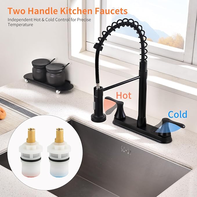 HOMELODY 2 Handles Kitchen Faucet with Pull Down Sprayer for 3 Hole Sink, 360° Rotating Spout Commercial 2 Handle Stainless Steel Kitchen Faucets with Deck Plate Black