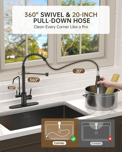 DAYONE Kitchen Faucet with Water Filter and Sprayer, 3 in 1 Pull Down Faucet with Purfied Water Faucet, 20 Inches High Arc Kitchen Water Filter Faucet, Matte Black (Without Filtration Device)