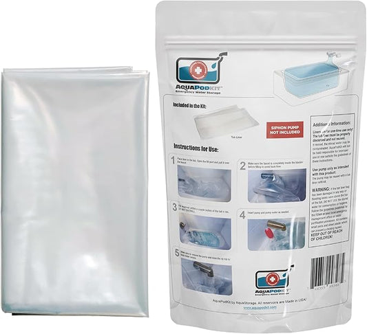 AquaPod Kit 2.0 - Replacement Liner Bathtub Storage Emergency Drinking Water Storage Bladder, Disaster and Hurricane Survival - BPA Free and Made in USA -WORKS WITH ANY SIPHON PUMP