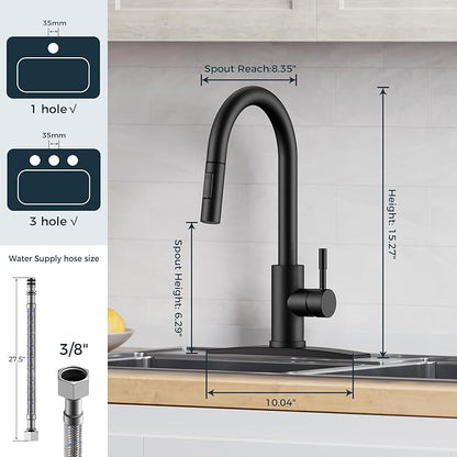 FORIOUS Black Kitchen Faucet with Pull Down Sprayer, High Arc Modern Classic Sink Faucet Stainless Steel with Deck Plate Fit for 1 or 3 Hole for Pot Filler Bar Farmhouse Laundry Rv