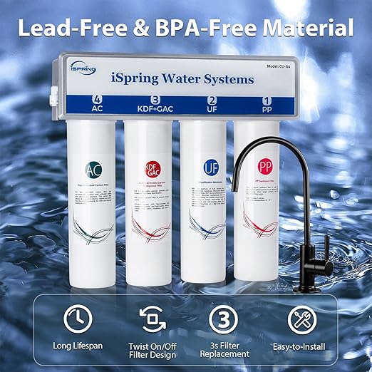 iSpring CUA4-BLK 0.01 Micron Ultra Filtration Under Sink Water Filter System, High Capacity Tankless 4-Stage Ultrafiltration Water Filter, Removes 99.99% Contaminants, Quick Filter Change with Faucet