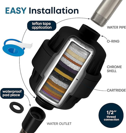 30 Stage Shower Filter Shower Head Filter High Output Softener Reduces Dry Skin Chlorine Odors Black for Hard Water Shower Head Filter Black