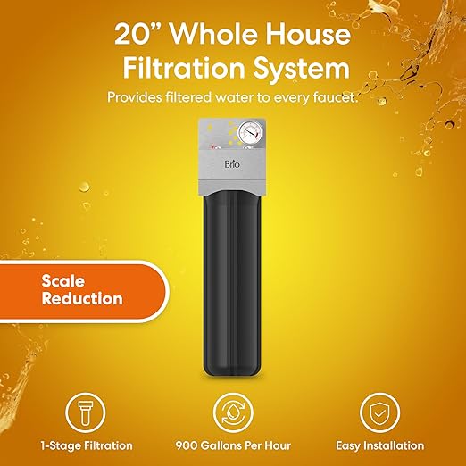 Brio Whole House Water Filter System w/Gauge & Fast-Flow Phosphate Anti-Scale Filter 4.5" x 20" | Removes Dirt, Improves Taste & Protects Home Appliances | 900 GPH | 100,000 Gallons or 12 Months