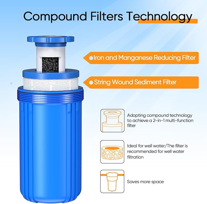 PUREPLUS 1-Stage Whole House Water Filter, with Iron Manganese Reducing Water Filter, for Well Water, 10"x4.5" Universal Housing