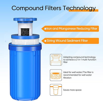 PUREPLUS 1-Stage Whole House Water Filter, with Iron Manganese Reducing Water Filter, for Well Water, 10"x4.5" Universal Housing