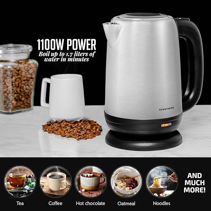 OVENTE Electric Tea Kettle Stainless Steel 1.7 Liter Portable Instant Water Boiler Heater 1100W Power Fast Boiling with Cordless Body and Automatic Shut Off for Coffee Milk Chocolate Silver KS27S