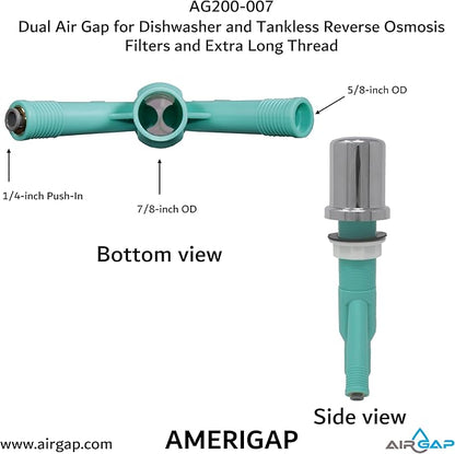 Dual Air Gap for Dishwasher and Tankless Reverse Osmosis Filter with Extra Long Thread (AG200-007 AMERIGAP)