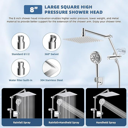 All Metal Rain Shower Head, 8” High Pressure Rainfall Shower Head with Handheld Showerhead, 5" Large Panel Handheld Spray Powerful Clean 10 Modes, 16" Stainless Steel Adjustable Extension Arm, Chrome