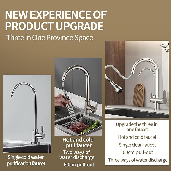 Kitchen Sink Faucet with Pull - Down Sprayer, 2 - Handle 3 - in - 1 Kitchen Sink Filter Faucet, Cold and Hot Mixer Drinking Water Faucet (3-in-1 Filter Faucet, Brushed Nickel-1)