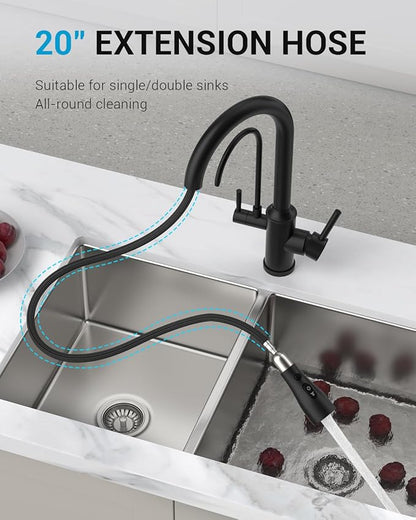 DAYONE Matte Black Kitchen Faucet with Drinking Purfied Water Faucet, 3 Holes High Arc 3 in 1 Sink Tap Stainless Steel, Two-Handle 3-Way Pull Down Sprayer, (Without System)