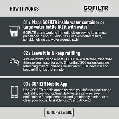 GOFILTR Jumbo Alkaline Water Infuser - 9.5 pH + Electrolytes For Any Large Water Bottles/Pitchers, 300 Gallon / 3 Months, Ionized Mineral Alkaline Water Infuser (1 Pack)