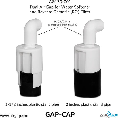 Dual Air Gap for Water Softener and Reverse Osmosis with 5/8 or 1/2-inch and 3/8 or 1/4-inch inlets, 1-1/2 or 2-inch Standpipe (8500, GAP-CAP, AG130-001)