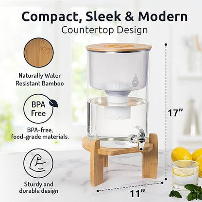 Invigorated Water pH Recharge Glass Alkaline Water Dispenser Filter System - Countertop Purifier Pitcher for Home and Office - High pH Pure Drinking Water Filtration - 36 Cups (Bamboo Classic Set)