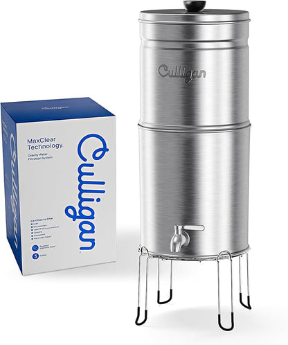 Culligan MaxClear 3 Gallon Gravity Water Filter System, Brushed Stainless-Steel Countertop Water Filter NSF/ANSI Certified to Reduce Microplastics, Lead & Total PFAS, with 1 Ceramic Filter