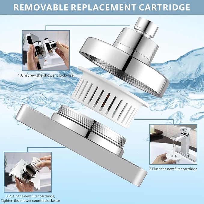 High Pressure Rain Shower Head with Filtered - 6" Square Showerhead Filter for Remove Chlorine and Harmful Substances, Improve Hair and Skin Problems, Chrome