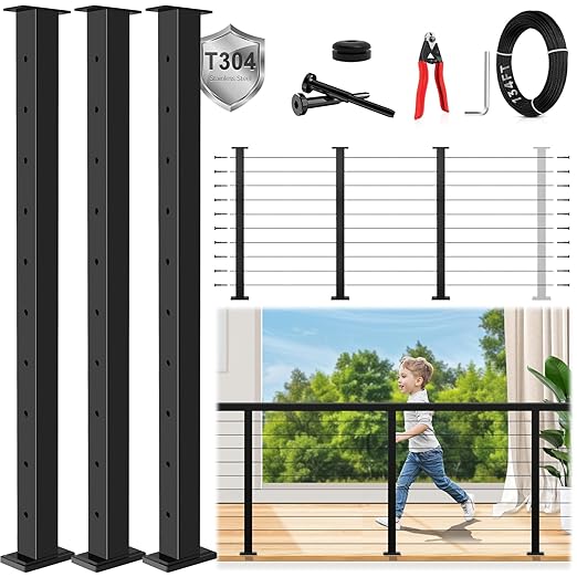 36" Modular 8-12FT Black T304 Cable Railing Post Kit, Complete Cable Railing System with 3 Level Posts & 134ft 1/8" Wire Rope(No Handrail), Adjustable Length Easy DIY for Decks/Porch