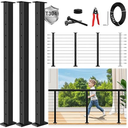 36" Modular 8-12FT Black T304 Cable Railing Post Kit, Complete Cable Railing System with 3 Level Posts & 134ft 1/8" Wire Rope(No Handrail), Adjustable Length Easy DIY for Decks/Porch