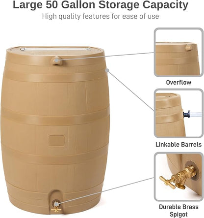 RTS Home Accents 50-Gallon Rain Barrel, Flat Back Rain Water Collection Barrel, Stand Included, Oak Color