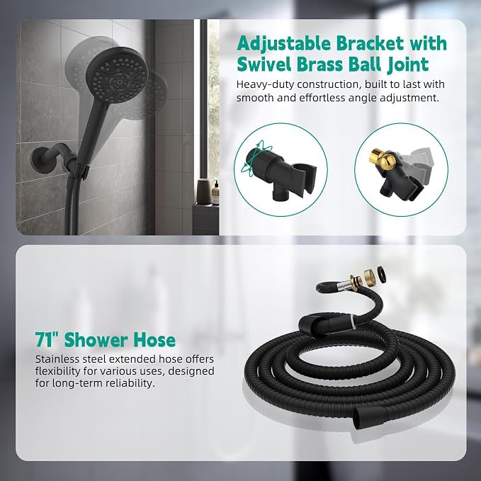 Hibbent High Pressure 10-mode Shower Head, Filtered Handheld Showerhead with Adjustable Brass Joint Holder, 71" Metal Hose, Improve Skin & Hair, Built-in Power Wash to Clean Tub & Pets, Black