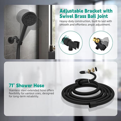 Hibbent High Pressure 10-mode Shower Head, Filtered Handheld Showerhead with Adjustable Brass Joint Holder, 71" Metal Hose, Improve Skin & Hair, Built-in Power Wash to Clean Tub & Pets, Black