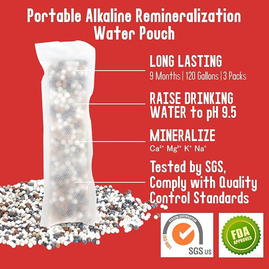 AlkaEnergy 3-Pack Alkaline Water Filter Pouches|pH 9.5, Boosts Water pH, Adds Essential Minerals for Hydration & Wellness| for Bottles & Jugs (50g/pack)