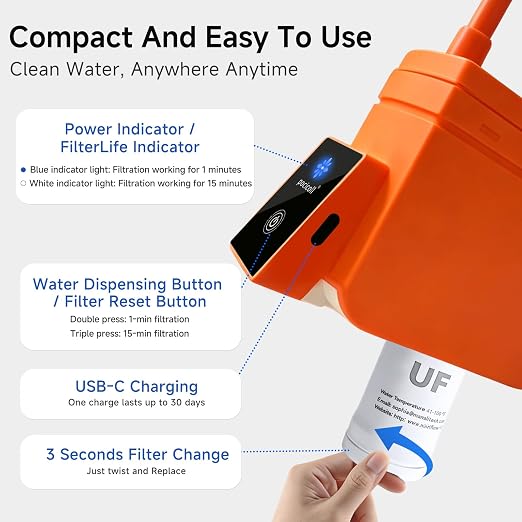 Motorized Portable Water Filter for Camping & Hiking, Electric Water Filtration System with 0.01μm UF Membrane, Compact Backpacking Water Purifier for Emergency Preparedness (Orange)