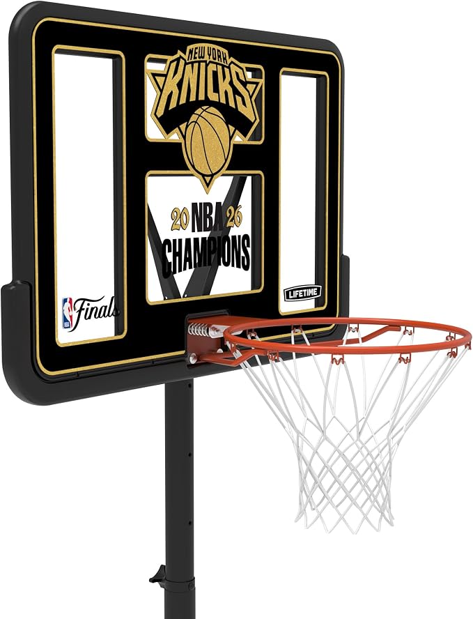 Lifetime NBA New York Knicks Championship Edition Portable Basketball Hoop, Adjustable Height 7.5-10 Ft, 44 Inch Shatterproof Fusion Backboard, Base with Wheels