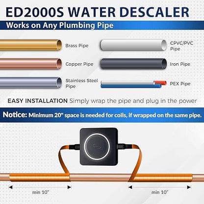 iSpring ED2000S Whole House Descaler, Alternative Electronic Salt-Free Hard Water Conditioner, Breathing LED Light Design with Magnet, Prevent Rust and Scale Build-up, Black