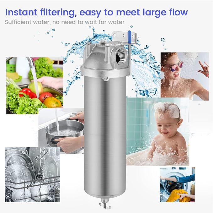 Amwater NSF/ANSI 42 Stainless Steel Whole House Water Filter Housing, 10" x 2.5" Sediment Water Filter System for Heavy Duty, Well & City Water, 1" NPT Port, Drain Valve Style A (Wing)