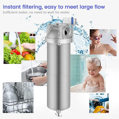 Amwater NSF/ANSI 42 Stainless Steel Whole House Water Filter Housing, 10" x 2.5" Sediment Water Filter System for Heavy Duty, Well & City Water, 3/4" NPT Port, Drain Valve Style A(Wing)