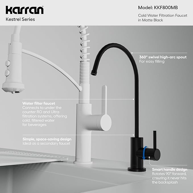 Karran Kestrel Single-Handle Filtered Water Faucet in Matte Black 100% Lead-Free Brass, RO/Filtration System Ready, 360° High-Arc Spout, Spot-Free Finish Beverage Faucet (Matte Black)