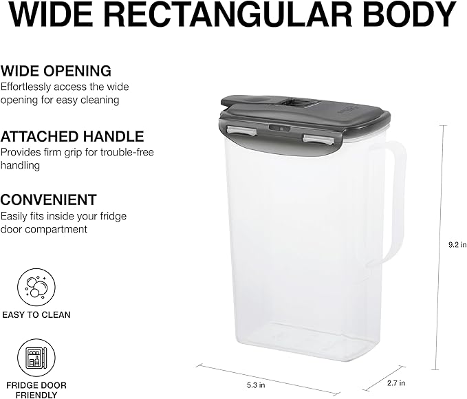 LocknLock Aqua Fridge Door Water Jug | Clear Pitcher | BPA Free Plastic Pitcher with Lid | 2 Quart Pitcher with Lid for Water, Juice, Tea & More Beverages, Gray