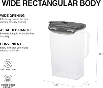 LocknLock Aqua Fridge Door Water Jug | Clear Pitcher | BPA Free Plastic Pitcher with Lid | 2 Quart Pitcher with Lid for Water, Juice, Tea & More Beverages, Gray