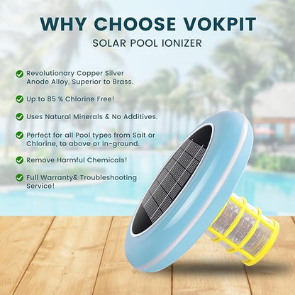 Pool Ionizer Solar Powered,Copper Ionization,Floating Automatic Water Cleaner and Purifier,Up to 65,000 Gal,85% Less Chlorine, Chlorine Free Water,Smart Replacement
