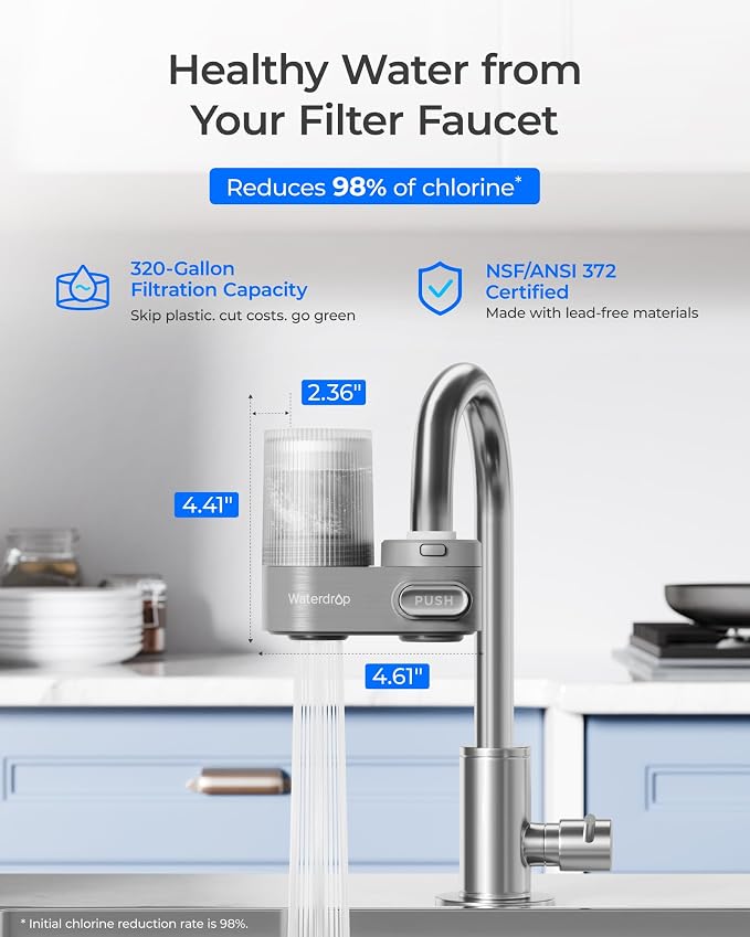 Waterdrop FC-07 Water Filter for Sink Faucet, Visible Filter Housing | Reduces Chlorine, Faucet Mount Water Purifier, NSF Certified Tap Water Filter for Kitchen Sink, 320 Gallon Long Life