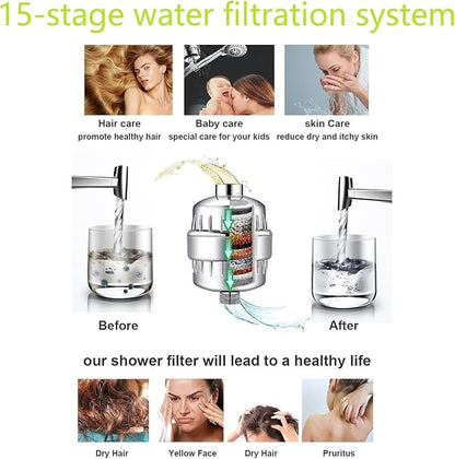 15 Stage Universal Shower Water Filter Cartridges for All Similar Shower Systems, Reduces Chemicals and Chlorine, Hard Water, Restores pH Balance (1 Pack)