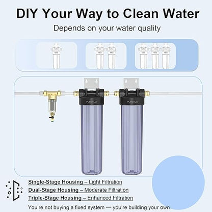 PWT20 Whole House Water Filter Housing, Fits 20” x 4.5” Big Blue Filters, Inline Pre-Filtration System for RV, Home Well and City Water Sediment etc with 1" NPT Port, Pressure Relief Valve