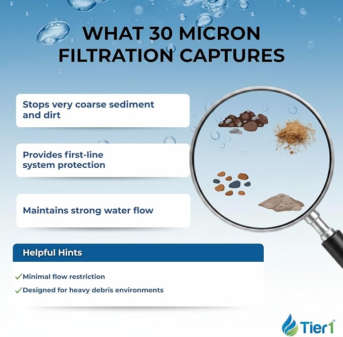 Tier1 30 Micron 10 x 2.5 Water Filter | String Wound Polypropylene Whole House Sediment Water Filter Cartridge | Replacement for Pentek CW-MF, 155187-43, W30W, RS3DS | 2.5 x 10 Water Filter (25-Pack)