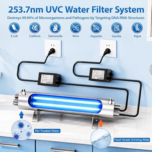 UV Water Filter Whole House Purifier System, 110W Whole Home Water Filter High Flow 24 GPM, 1 MNPT, Includes 2 Extra Bulbs, for Well & City Water, Under Sink, Home Kitchen, RV Use