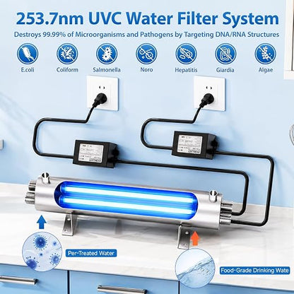 UV Water Filter Whole House Purifier System, 110W Whole Home Water Filter High Flow 24 GPM, 1 MNPT, Includes 2 Extra Bulbs, for Well & City Water, Under Sink, Home Kitchen, RV Use