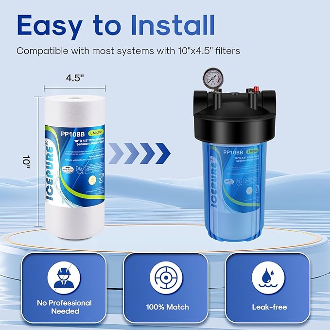 ICEPURE Whole House Sediment Water Filter 5 Micron 10" x 4.5" Compatible with Culligan RFC-BBSA, W15-PR, HD-950, WFHD13001B, GXWH35F, GXWH30C, 3M Aqua-Pure AP817, Whirlpool WHKF-GD25BB, PP10BB 2PACK