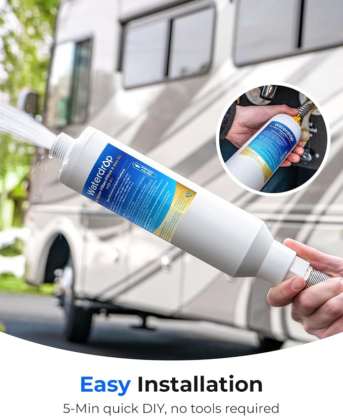 Waterdrop RV Inline Water Filter, Garden Hose and Camper Water Filter | Reduces Chlorine, Odor, Bad Taste and Sediment in Drinking Water, NSF/ANSI Certified, with 2 Flexible Hose Protectors, 4 Pack