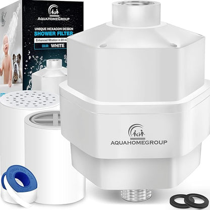 AquaHomeGroup 20 Stage Shower Filter - Reduces Chlorine, Heavy Metals and Sediment - Vitamin C and E - High Output - Universal Fit - White