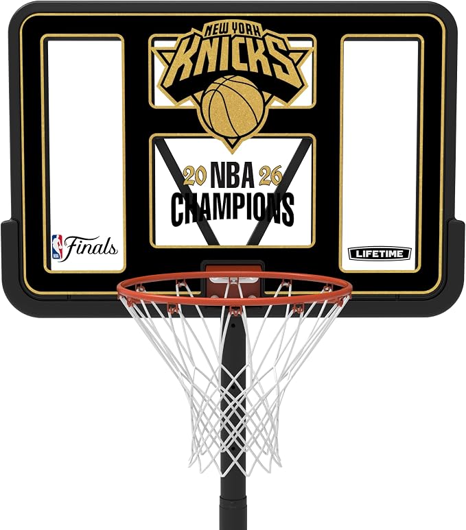 Lifetime NBA New York Knicks Championship Edition Portable Basketball Hoop, Adjustable Height 7.5-10 Ft, 44 Inch Shatterproof Fusion Backboard, Base with Wheels